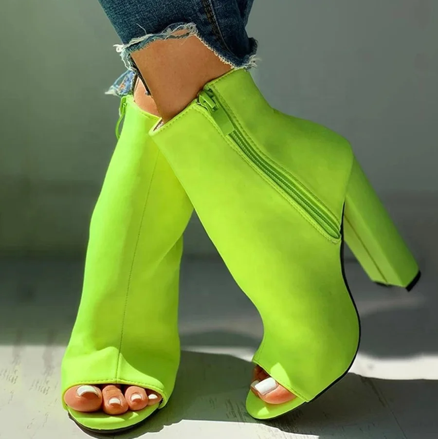 

Leopard Snakeskin Open Round Toe High Chunky Heel Women Ankle Boots Big Size 43 Ladies Short Boots, Snakeskin,leopard,green