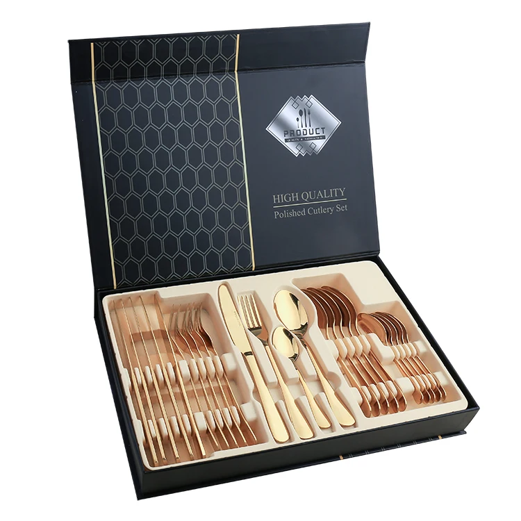 

Amazon Selling Stainless Steel Silver Flatware Gold Copper 24 piece Knife Fork Spoon Cutlery Set with Gift Box, Silver/gold/rose gold/black/blue