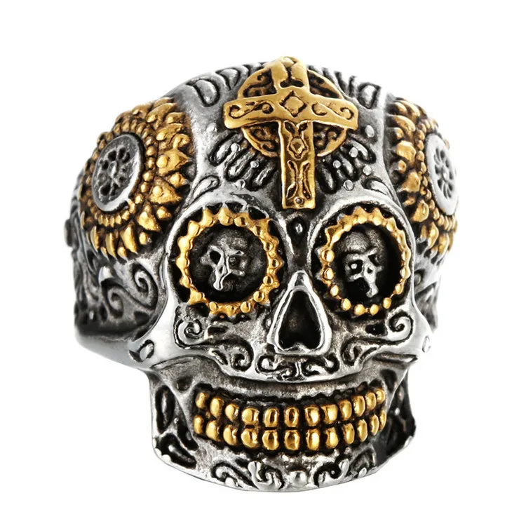 

Fashion Punk Style Gold Gothic Cross Green Rings Men Skull,Stainless Steel Skull Rings Halloween Accessories, Colorful