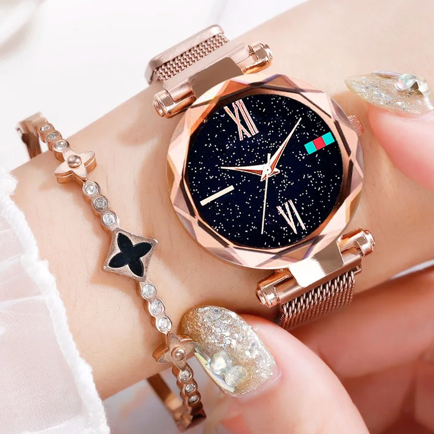 

New Fashion 2019 Ladies Wrist Watches for Women Rose Gold Magnet Starry Sky Diamond Quartz Watch Clock Ladies Watch Reloj Mujer, As show