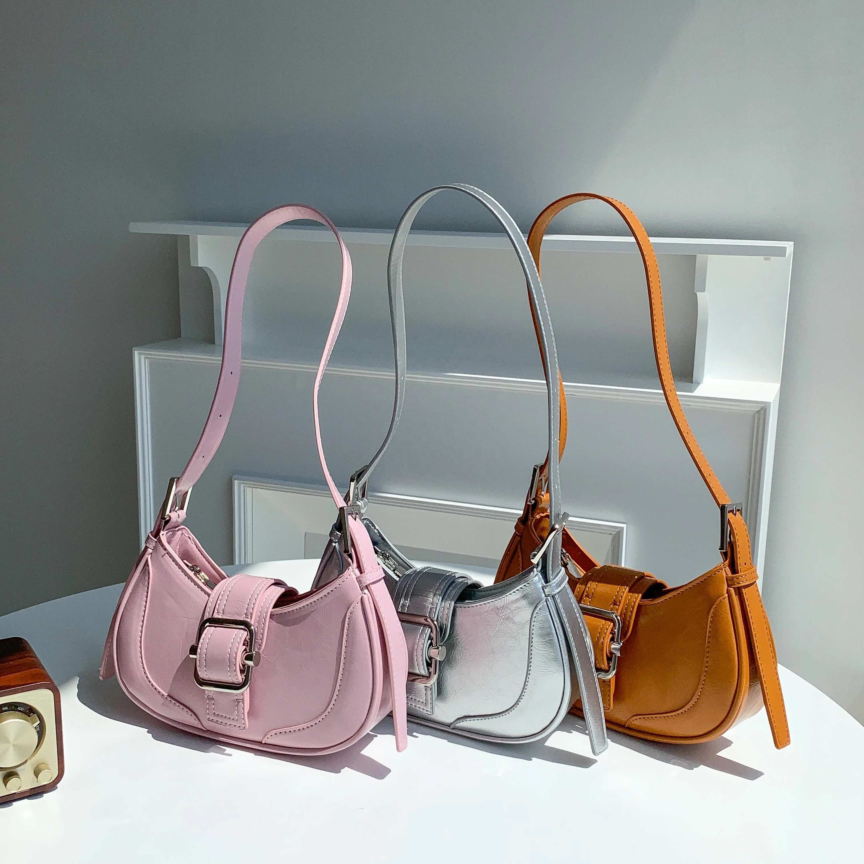

Fashion Retro PU Leather Women Handbag Luxury Denim Blue Designer Hand Bag Wool Joining Leather Shoulder Bag for Women