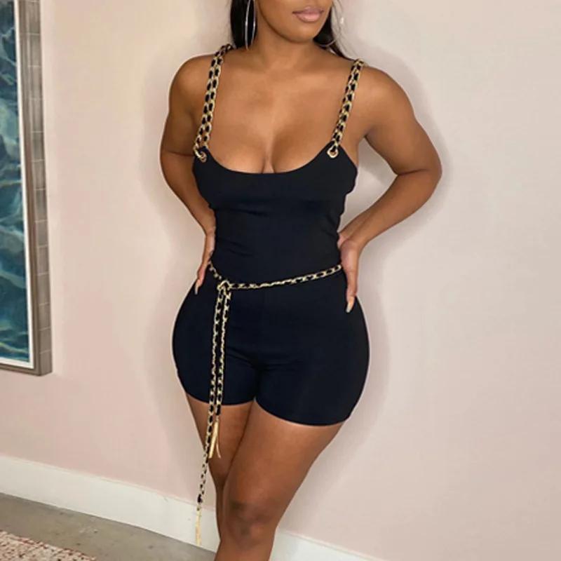 

2021 Summer Trendy Women Sexy Black Strapless Chain Halter One Piece Short Bodycon Jumpsuit with Waist Chain