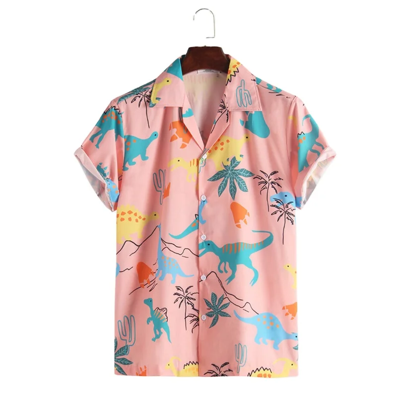 

2020 Fashion Hawaiian Shirt Beach Mens Funny Style Dinosaur Cartoon Printed Short Sleeve Pink Shirts Men Loose hawaiian shirt, Customized color