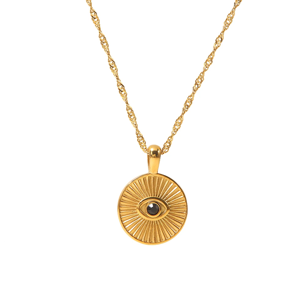 

Vintage 18K Gold Plated Sunburst Eye Necklace Stainless Steel Black Stone Round Coin Eye Necklace