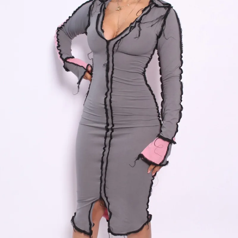 

New Arrivals 2021 Elegant Women Striped Patchwork Long Sleeve Sexy V Neck Flare Sleeve Bodycon Night Club Party Dress