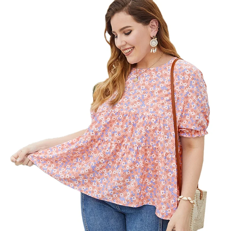

New Fashion Floral Print Short Sleeve Plus Size Summer Tops Blouses For Womens