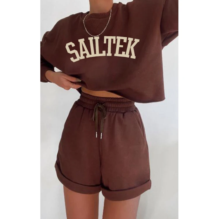 

Custom Women Organic Cotton Sweat Set Causal Sweatshirt and Shorts Set Women 2 Piece Short Set