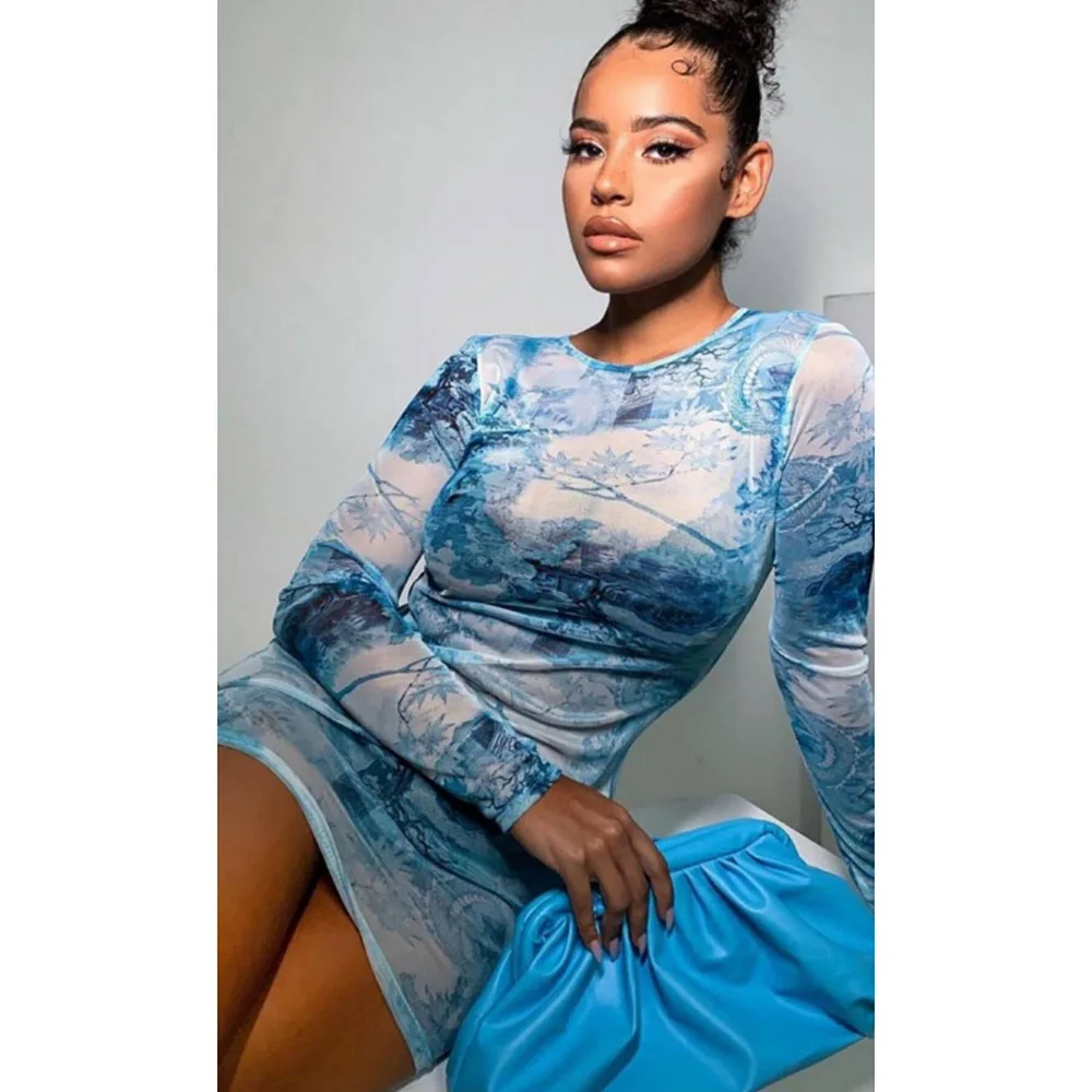 

X00026S 2020 new Tie-dye round neck long sleeve sexy see-through bodycon dress women lady elegant, Blue