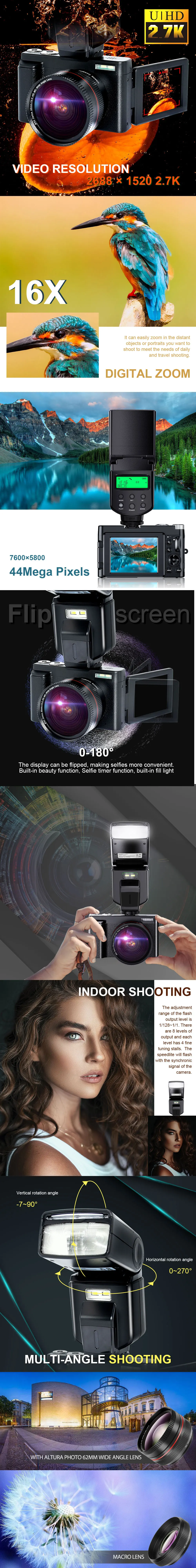 MAX 44MP CMOS Sensor 2.88 inch Screen Compact Digital Camera Photo Professional Camera 2.7K 1080P Video