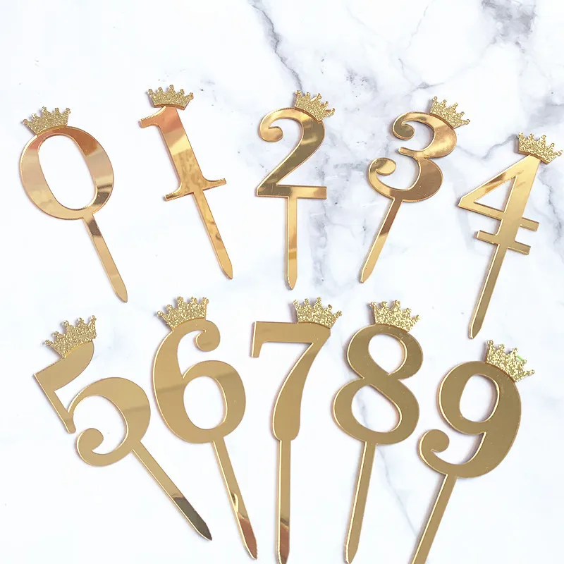 

Number Cake Topper Gold Silver Crown Acrylic 0-9 Digital Birthday Party Insert Cake Decoration Wedding Cakes Dessert Decor, As picture
