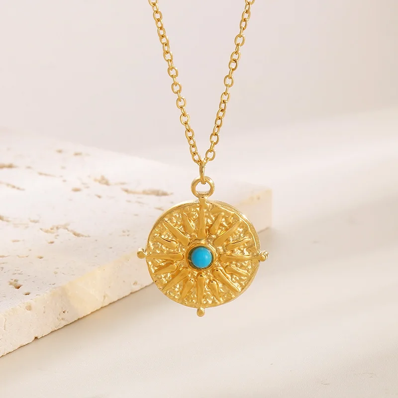 

Kalen Fashion 18K Gold-Plated Stainless Steel Compass Turquoise Pendant Necklaces