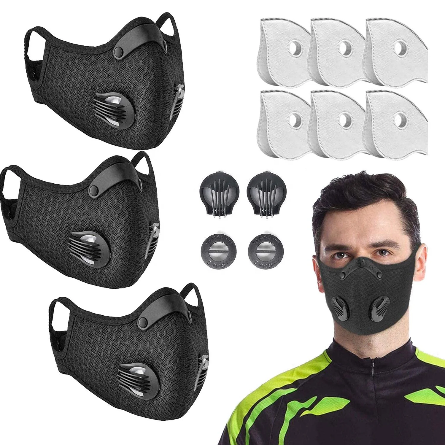 

Outdoors Sports Anti Virus PM 2.5 Neoprene+Cotton Mesh face Masks motorcycle cycling reusable mask with exhalation valves, Black blue red grey pink...
