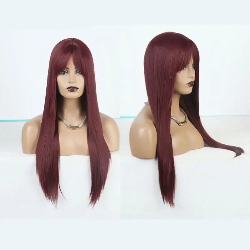 

Long Hair Wine red Wig Set Chemical Fiber High Temperature Wire Straight Wig