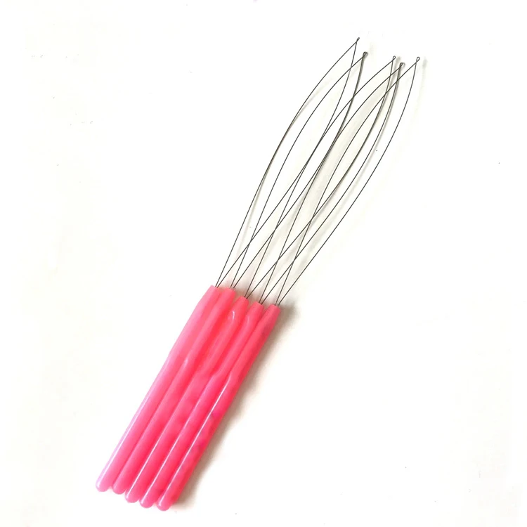 

10Pcs Plastic Hair Extension Ez Pulling Loop Threader Micro Ring Beads Links Tools Micro Ring Loop Threader for Stick I Tip Hair, Pink black