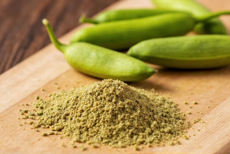 Close-up of green cardamom pods next to freshly ground cardamom powder on wooden cutting board