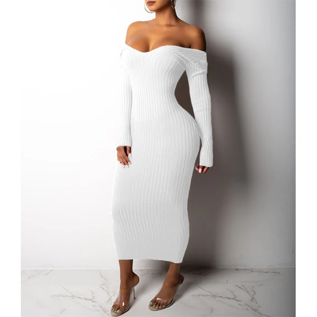 

New Arrival Warm Winter White Sweater Knitted Long Sleeve Bandage Maxi Dress, As photo shown or customized