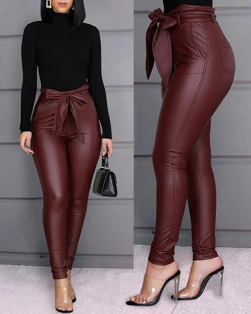 

50 Women's Fashion Ol Frills High Waist Sashes Faux Leather PU Long Pant Belted Exclusive Design Skinny PU Pencil Pants trousers