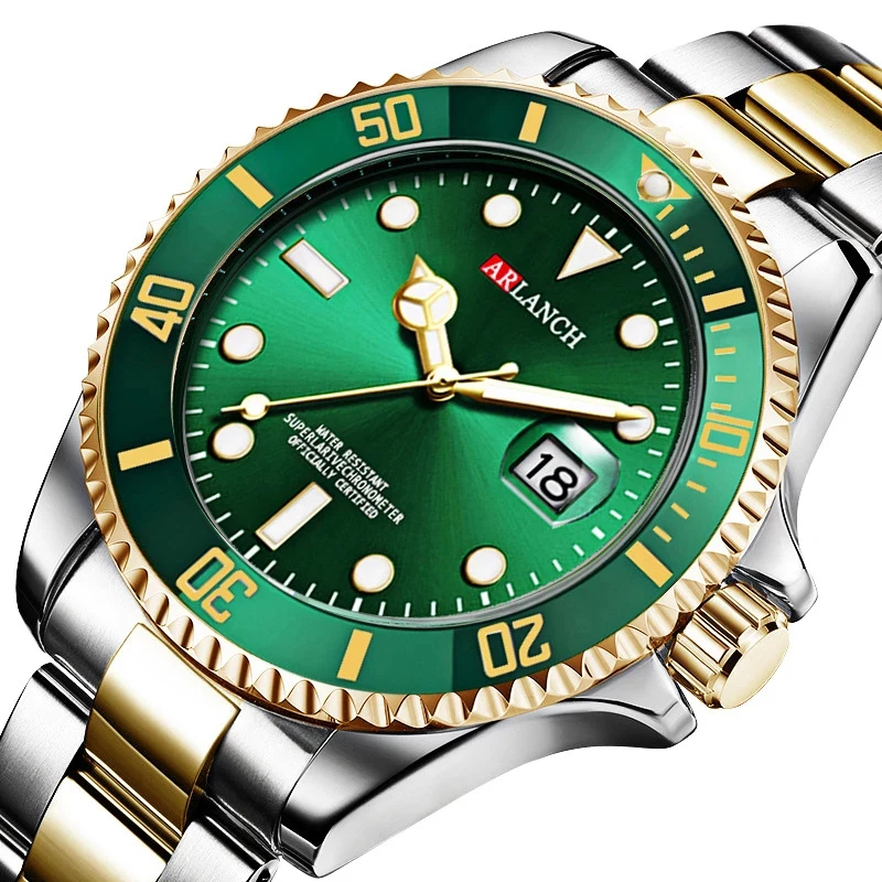 

ARLANCH 305 Fashion Mens Watches Gold Green Steel Quartz Wrist Watch For Men Green Male Clock Sport watch men