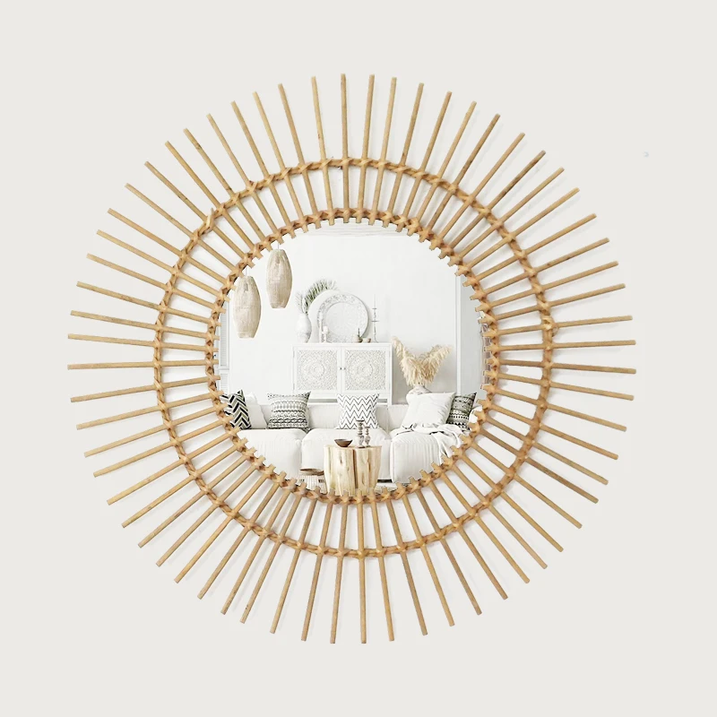 80CM Retro Pastoral Style Round Rattan Makeup Mirror Home Decoration Hand-Woven Living Room Wall Hanging Arts Dropshipping DDP