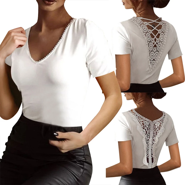 

Sexy V-neck solid color thin lace cutout short sleeves blouse women