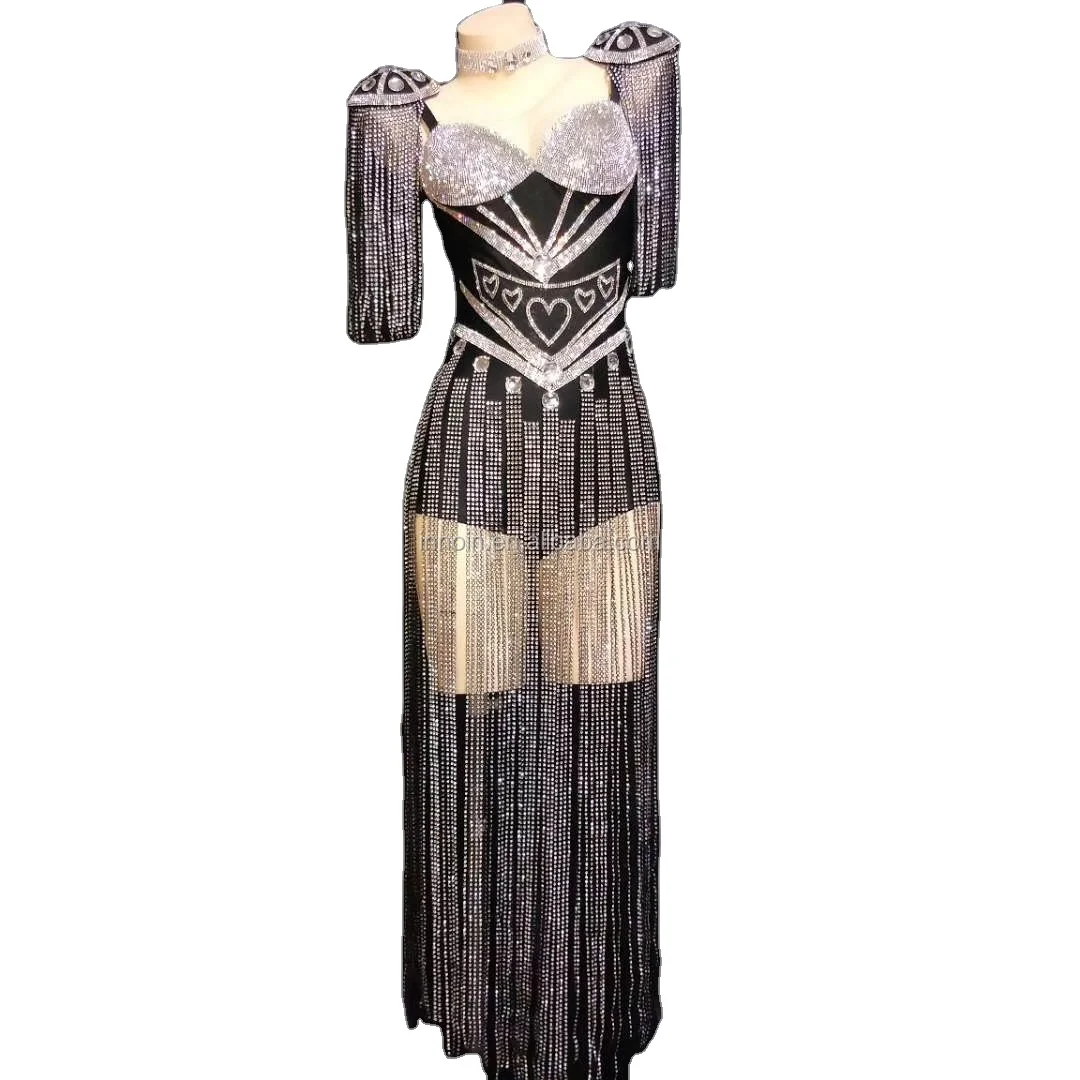 

Sparkly White Black Rhinestone Epaulet Tassels Bodysuit Female Dance Troupe Jazz Dance Outfit DJ Singer Sexy Fashion Stage Wear