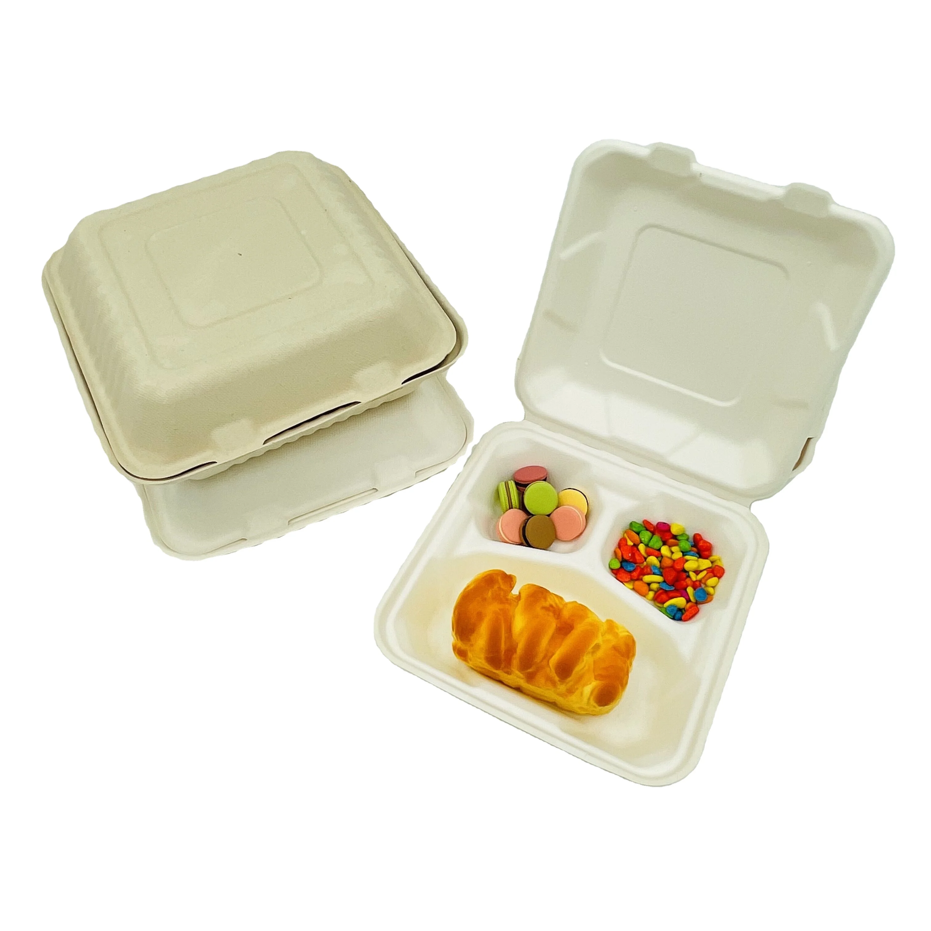 

Bagasse Clamshell Biodegradable Eco Friendly Take Out to Go Food Containers 8x8, White or natural