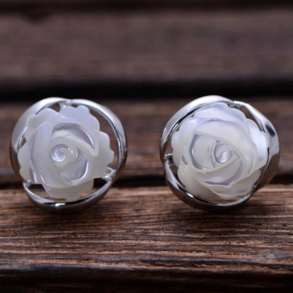 

Natural White Stone Rose Flower Shape Silver Jewelry 925 Stud Earrings For Women