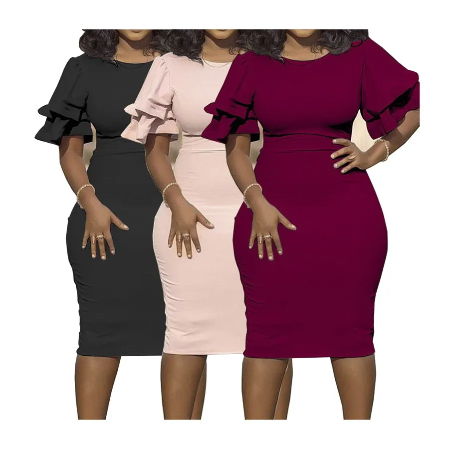 

Foma TB5064 summer women clothes ruffles short sleeves sexy bodycon dresses plus size one piece office dress, 3 colors
