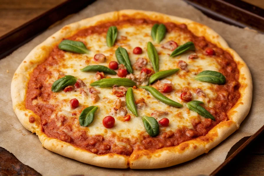 Chili pizza with melted cheese and vegetable toppings on a baking sheet