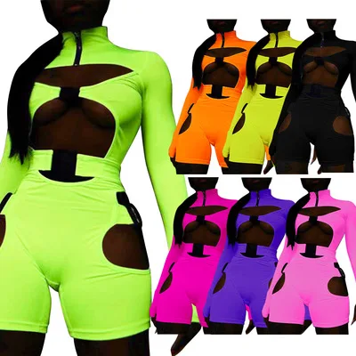 

Best Design 2021 Autumn Fashion Solid Color Zipper Hollow Out Design Sexy Club Wear Women Bodycon Jumpsuits