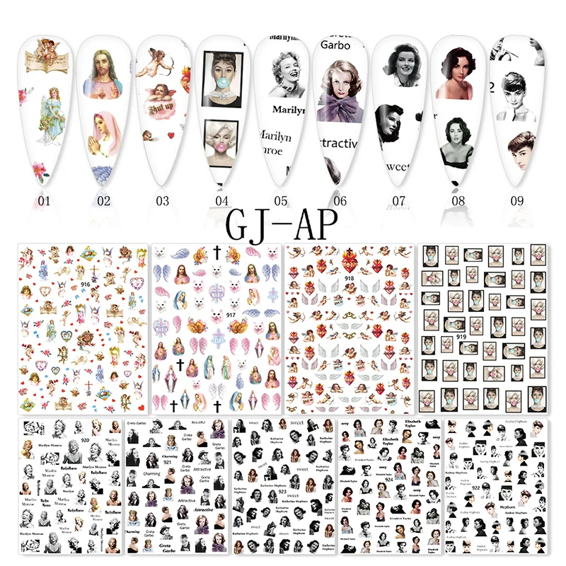 

High quality 9 designs of angel/Movie star nails art stickers decal, Colored