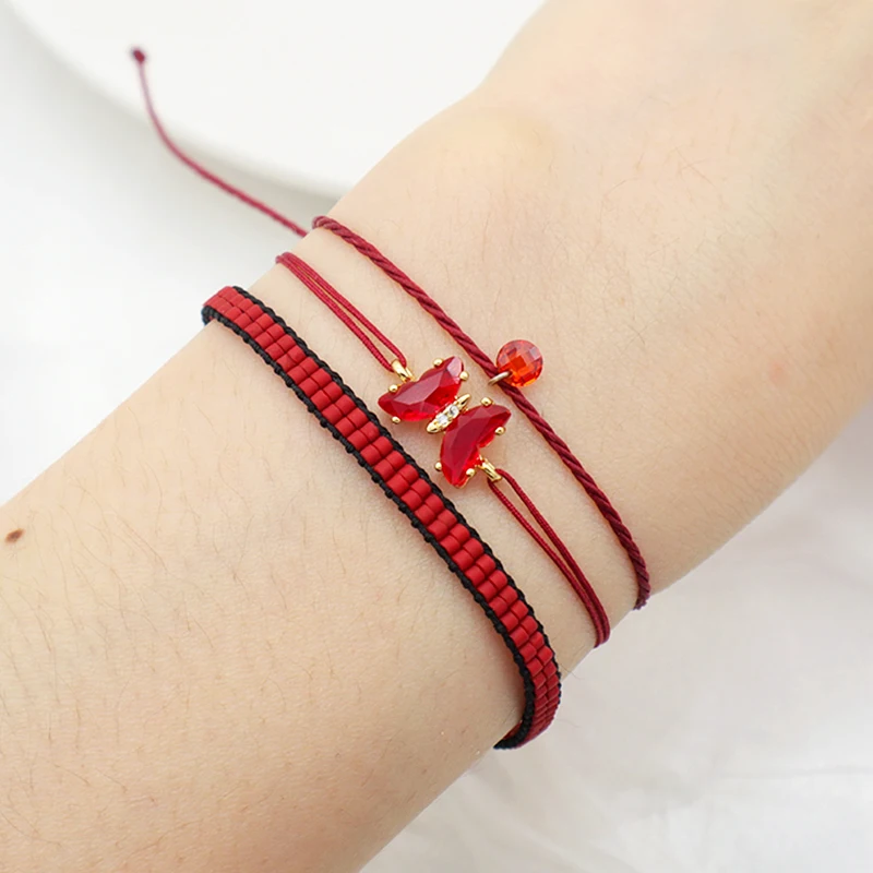 

Handmade woman butterfly charms jewelry red thread string rope adjustable crystal bracelets miyuki beaded bracelets set, Multi