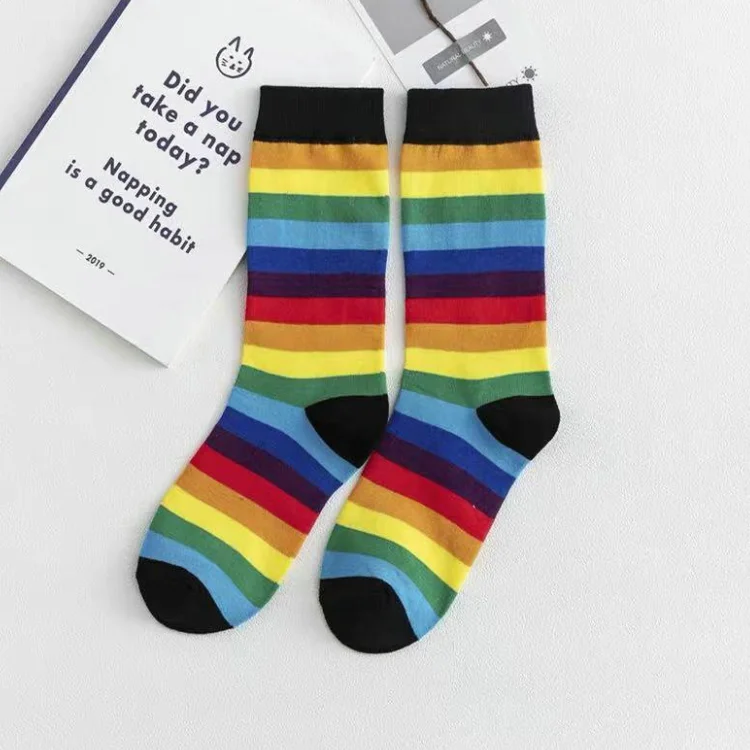 

Fashion Harajuku Korean Christmas Tide Tube Socks Cotton Casual Rainbow Striped Socks Women Colorful Breathable sox, White, pink,grey,black