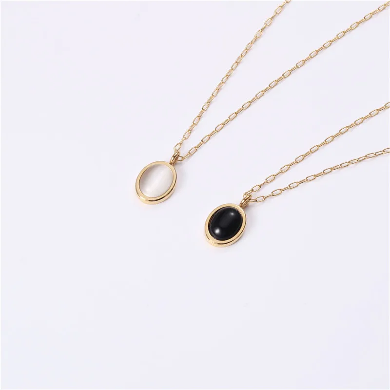 

Joolim Jewelry 18K Gold Plated Stainless Steel Simple Oval Black & White Agate Pendant Necklaces Trendy Women's Charm Necklaces