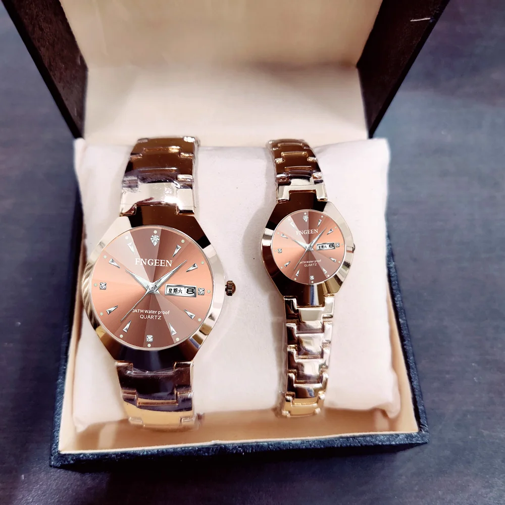 

Valentines gift couple watch with box set men women lover wristwatches Fashion Tungsten Steel Band a Pair Watches For Couples