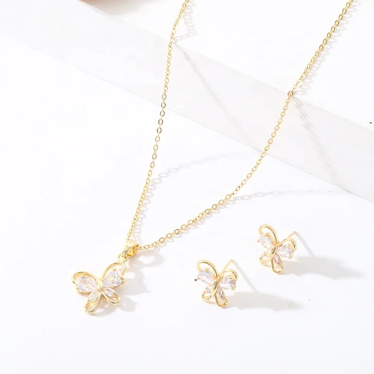 

Gold Plated Cute Zircon Butterfly Necklace and Earring Jewelry Set for Ladies Women Girls