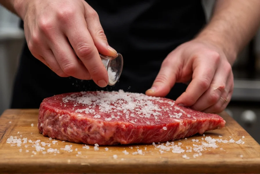 Professional chef's hands seasoning steak with coarse sea salt flakes