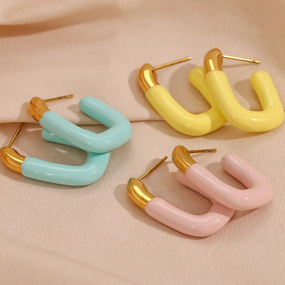 

Candy Colors Stainless Steel Enamel Hoop Earrings 18K Gold Plated Geometric Oil Dripping U Shape Earrings For Women