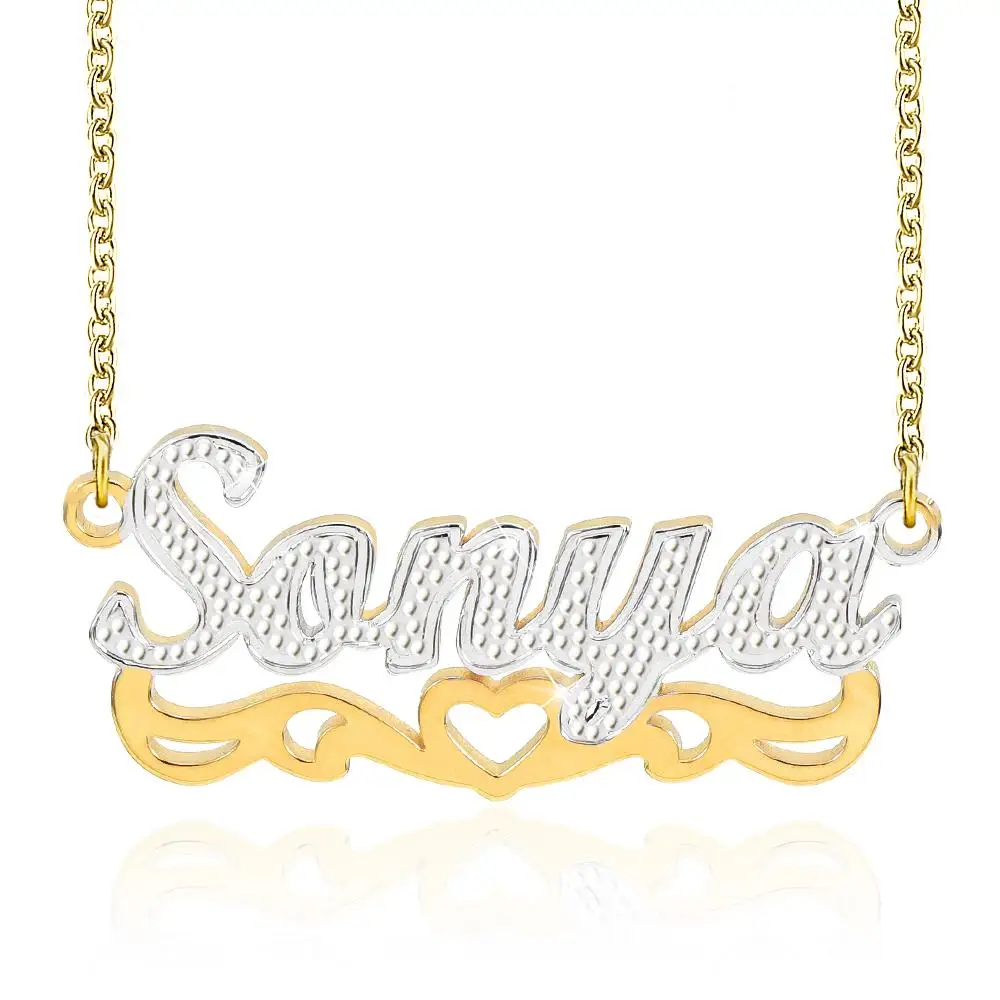 

2021 New Hollow Heart Two Tone Gold Plated Personalized Custom Name Necklace Women Gift