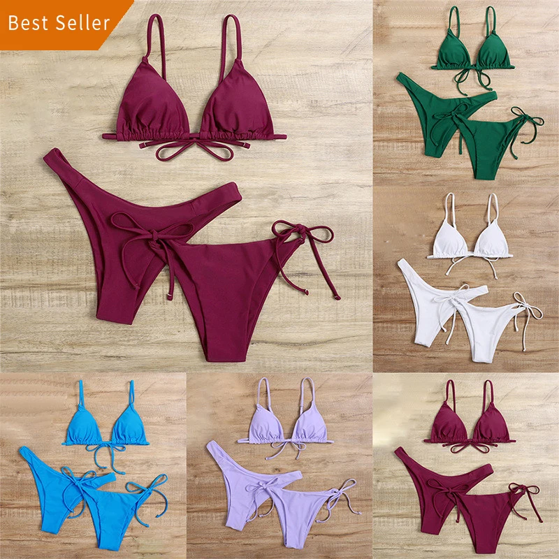 

Women Soild Swimsuit Padded Bra G-string Thong Bikini Micro Thong Suits Swimwear Separates Bikini Swim Clothes Bandeau Bikini