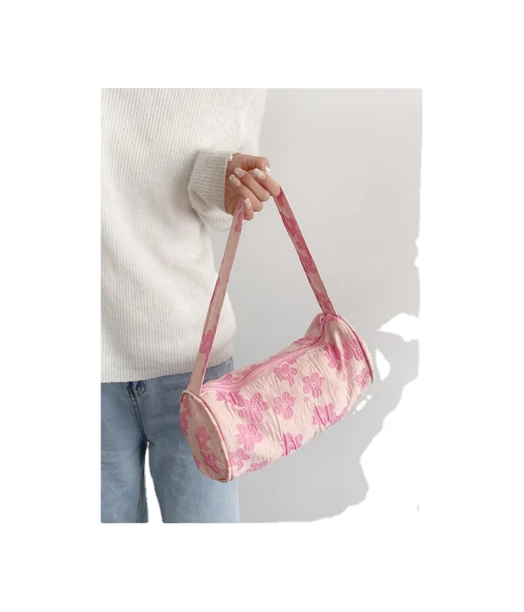 

Japanese & Korean INS Floral Jacquard Fabric Cute Sweet Barrel Clutch Street Girl Personalized Cylinder Women Underarm Bag, Customizable