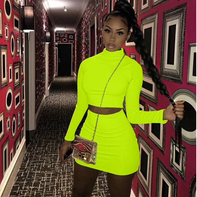 

Top selling fashion Fall 2020 women clothing sexy long sleeve top mini skirt bodycon ladies outfits set two piece set, White,red,black,fluorescent green