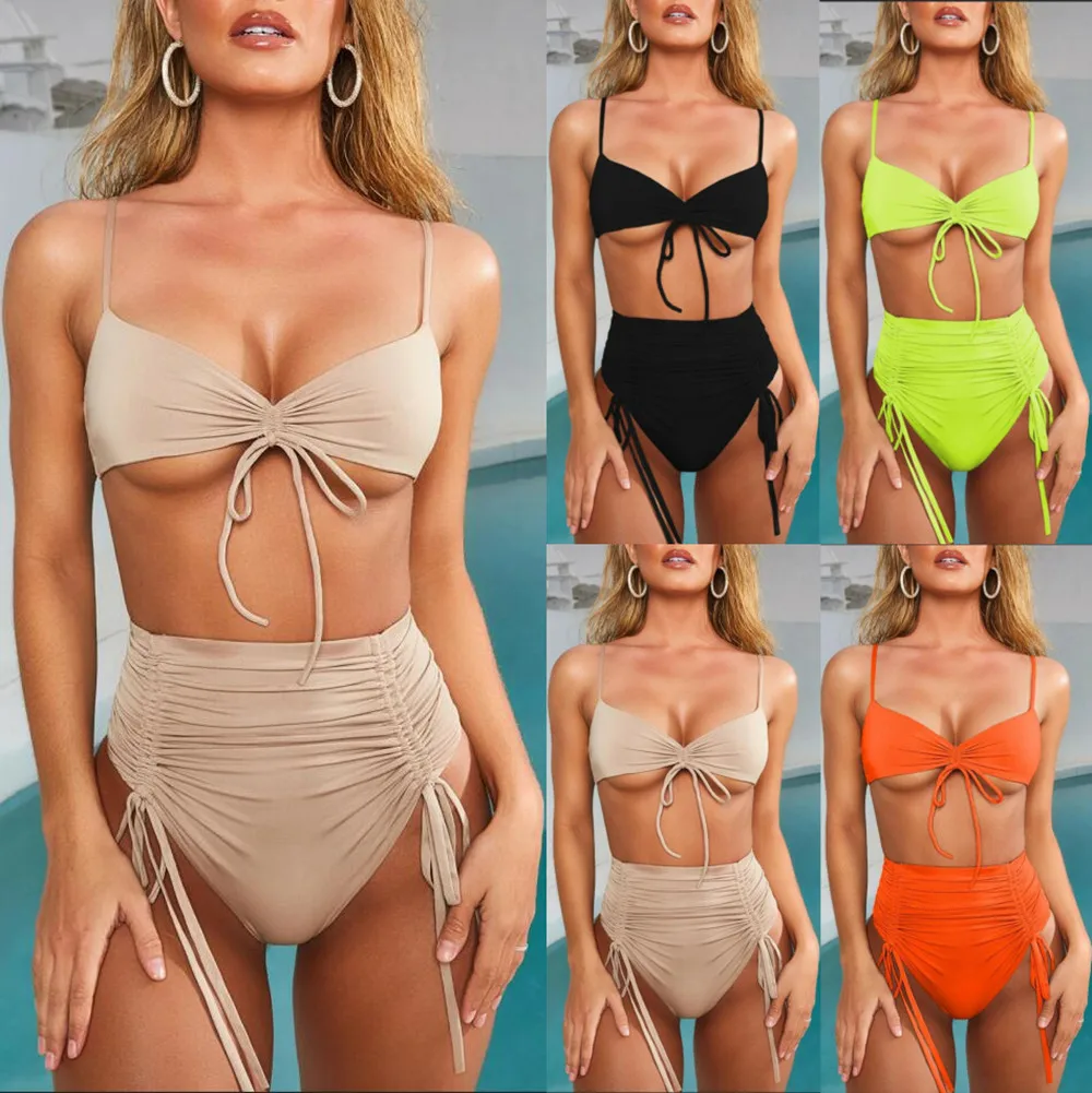 

Popular high waist solid color comfortable sandbeach bikini 2 piece set sexy plain swimwear for woman