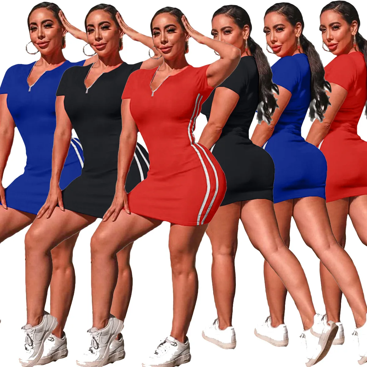 

Summer 2021 elegant sexy stretch tight slim fit dress ladies short sleeve zip up shirt dress bodycon mini dress, As picture