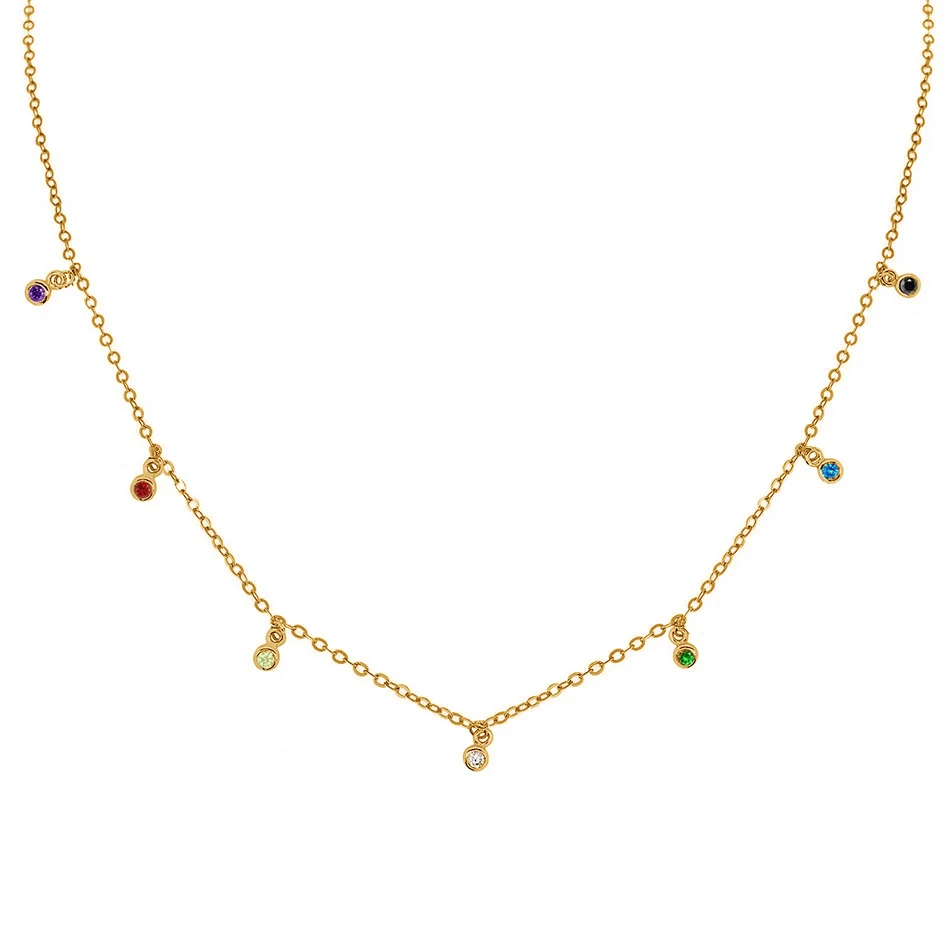 

925 sterling silver trendy colorful zircon 14k gold plated minimalist personalized confetti rainbow necklace