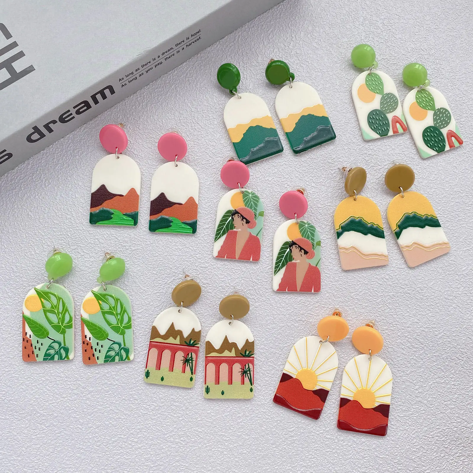 

Sayoung ODM/OEM Earing packaging card resin 925 safety pin summer natural scenery drip clay acrylic earing drop earrings