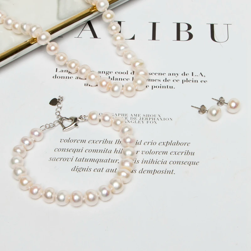 
2019 Wholesale Classic Real Freshwater Pearl Costume Bracelet Necklace Jewelry Set 