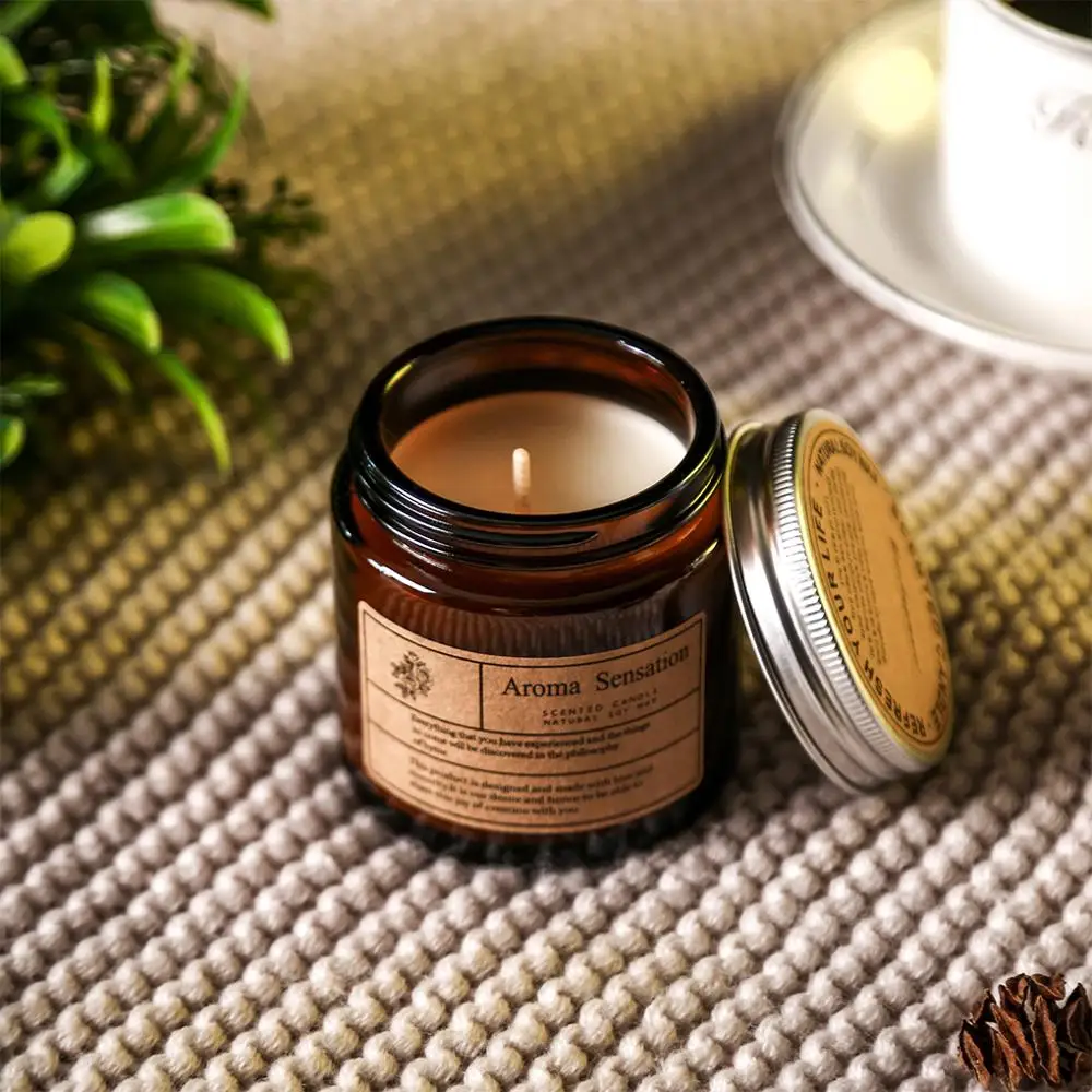 

Brown glass jar scented candle soy wax luxury aroma candle decoration in yellow Kraft paper box