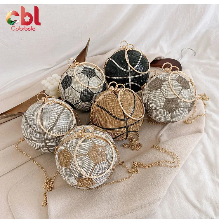 

2021 New Styles Lxury Football Basketball Purse Bling Rhinestone Bags Small Round Purses women fashion party evening Clutch bag, Black,gold,silver