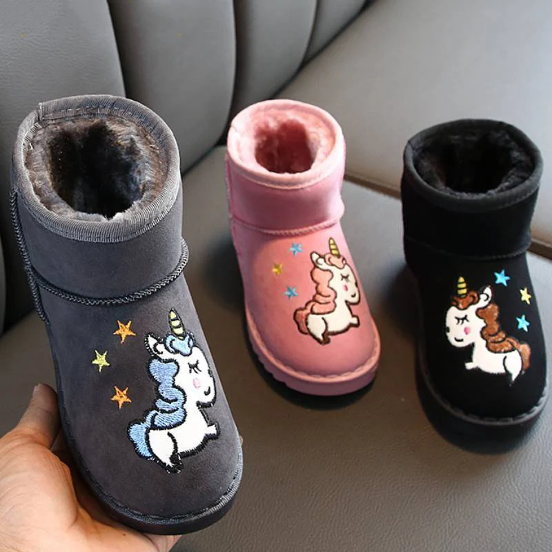 

Girls Boots Boys Shoes 2021 Winter New Cute Cartoon Unicorn Children Snow Boots Soft Leather Plus Velvet Warm Kids Cotton Boots